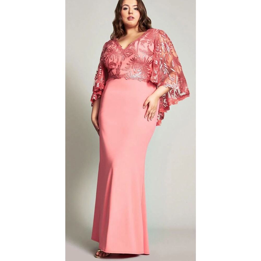Tadashi Shoji Coral Azumi Gown Size 14 Sequin Embroidered Lace Capelet Regency